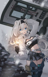 Rule 34 | 1girl, :d, animal ears, arknights, aurora (arknights), bear ears, belt, black gloves, black hairband, blue eyes, breasts, cleavage, cleavage cutout, clothing cutout, commentary, cowboy shot, crop top, gloves, grey shorts, hairband, highres, holding, infection monitor (arknights), long hair, long sleeves, looking at viewer, medium breasts, midriff, mumu (leelee mumu), navel, open mouth, shield, short shorts, shorts, silver hair, smile, solo, standing, stomach, thighs
