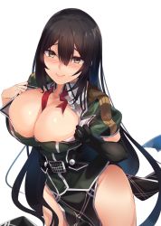 Rule 34 | 1girl, black gloves, black hair, blush, breasts, buttons, chikuma (kancolle), cleavage, closed mouth, commission, cowboy shot, elbow gloves, endou (zettai bluenoid), gloves, hair between eyes, highres, kantai collection, large breasts, long hair, neck ribbon, pelvic curtain, puffy short sleeves, puffy sleeves, red neckwear, short sleeves, simple background, single elbow glove, skeb commission, smile, solo, undone neck ribbon, white background, yellow eyes