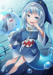 Rule 34 | 1girl, absurdres, animal costume, animal hood, bloop (gawr gura), blue eyes, blue hair, blue hoodie, blunt bangs, braid, commentary, english commentary, fins, fish tail, french braid, gawr gura, gawr gura (1st costume), highres, holding, holding weapon, hololive, hololive english, hood, hoodie, long hair, long sleeves, looking at viewer, mouth pull, multicolored hair, noro assumed, polearm, shark costume, shark girl, shark hood, shark tail, sharp teeth, shoes, silver hair, smile, sneakers, solo, streaked hair, tail, teeth, trident, virtual youtuber, weapon, white footwear, wide sleeves