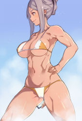 Rule 34 | 1girl, akinaie, baozi, bikini, breasts, cameltoe, character request, cleavage, cleft of venus, copyright request, covered erect nipples, dark-skinned female, dark skin, female focus, folded ponytail, food, hand on own hip, muscular, muscular female, navel, red eyes, smile, solo, swimsuit, toned