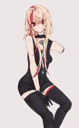 Rule 34 | 1girl, amputee, android, black thighhighs, blonde hair, breasts, chest jewel, girls&#039; frontline, grey background, highres, ki lllorz, long hair, looking at viewer, m4 sopmod ii (girls&#039; frontline), multicolored hair, red eyes, red hair, simple background, sitting, sleeveless, solo, thighhighs