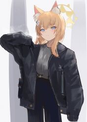 Rule 34 | 1girl, absurdres, animal ear fluff, arm up, black jacket, blue archive, blue eyes, blue pants, blush, breasts, commentary, dot nose, flower, hair flower, hair ornament, hair over shoulder, halo, hand up, highres, jacket, leather, leather jacket, legs, looking at viewer, mari (blue archive), medium breasts, medium hair, open clothes, open jacket, orange hair, pants, shirt, shirt tucked in, simple background, sleeves past wrists, smile, solo, standing, t-shirt, unzipped, white background, yellow halo, yu-dachi