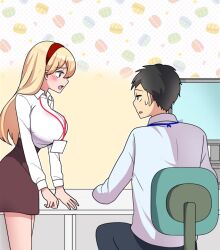 Rule 34 | 1boy, 1girl, blonde hair, breasts, large breasts, manga room, office lady, skirt, third-party edit