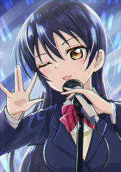 Rule 34 | 1girl, ;), absurdres, artist name, artist request, blue cardigan, blue hair, blue jacket, blush, bow, bowtie, breasts, buttons, cardigan, collared shirt, female focus, hair between eyes, highres, holding, holding microphone, holding microphone stand, jacket, long hair, long sleeves, looking at viewer, love live!, love live! school idol project, medium breasts, microphone, microphone stand, one eye closed, otonokizaka school uniform, parted lips, red bow, red bowtie, school uniform, shirt, smile, solo, sonoda umi, striped, striped bow, sweater vest, undershirt, upper body, vest, white shirt, wing collar, yellow eyes, yellow vest