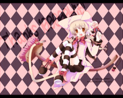Rule 34 | 1girl, argyle, argyle background, argyle clothes, bad id, bad pixiv id, bell, bow, broom, broom riding, brown eyes, candy, fang, food, hat, letterboxed, lollipop, long hair, milestone celebration, original, ribbon, sakurai yuyu, sidesaddle, solo, striped clothes, striped thighhighs, swirl lollipop, tail, thighhighs, twintails, wallpaper