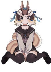 Rule 34 | 1girl, absurdres, animal ears, brown eyes, brown hair, chipmunk ears, chipmunk girl, chipmunk tail, choker, closed mouth, dress, extra ears, highres, kanmoku-san, kemono friends, kemono friends v project, looking at viewer, ribbon, sailor collar, sailor dress, shoes, short hair, siberian chipmunk (kemono friends), simple background, skirt, socks, solo, tail, thighhighs, virtual youtuber, white background