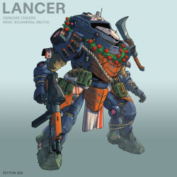 Rule 34 | artist name, character name, commentary, english commentary, explosive, flower, genghis (lancer rpg), gradient background, grenade, gun, highres, holding, holding gun, holding weapon, holstered, knife, lancer rpg, mecha, no humans, official art, peyton gee, pink eyes, radio antenna, red flower, robot, science fiction, solo, standing, weapon, wreath