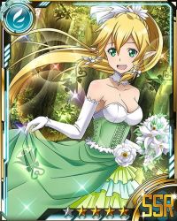 Rule 34 | 10s, 1girl, blonde hair, breasts, card (medium), cleavage, dress, elbow gloves, forest, gloves, green eyes, hair between eyes, hair ornament, hair ribbon, high ponytail, leafa, long hair, medium breasts, nature, neck garter, open mouth, outdoors, ribbon, skirt hold, solo, star (symbol), strapless, strapless dress, sword art online, tree, white gloves, white ribbon