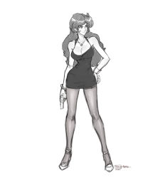 Rule 34 | 1girl, absurdres, breasts, character name, cleavage, dated, david liu, dress, full body, greyscale, gun, handgun, highres, holding, holding weapon, jewelry, large breasts, lupin iii, mine fujiko, monochrome, necklace, pantyhose, shoes, short dress, signature, simple background, sleeveless, sleeveless dress, solo, spaghetti strap, weapon, white background
