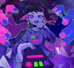 Rule 34 | 1girl, absurdres, black choker, blurry, blurry foreground, choker, clenched hand, collarbone, confused, controller, disembodied limb, earrings, floating hair, grey shirt, hand up, highres, holding, holding remote control, jewelry, light particles, looking down, min ha, multicolored hair, neon palette, nira-chan, open mouth, pink hair, pov, print shirt, purple background, purple eyes, purple hair, purple nails, remote control, shirt, short hair, sweat, sweatdrop, teeth, upper teeth only, zutto mayonaka de ii no ni