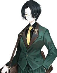 Rule 34 | 1boy, bag, black hair, black shirt, formal, glasses, green jacket, green pants, hair over one eye, han hee-joon, hand in pocket, jacket, necktie, official art, pants, project moon, shirt, short hair, the distortion detective, transparent background, yellow eyes, yellow necktie