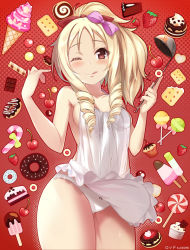 Rule 34 | 10s, 1girl, ;q, apron, bad id, bad pixiv id, blonde hair, blush, bow, breasts, brown eyes, cake, candy, candy cane, cherry, chocolate, chocolate bar, cookie, cowboy shot, cupcake, doughnut, drill hair, eromanga sensei, food, fruit, hair bow, halftone, ice cream, ladle, lollipop, looking at viewer, medium breasts, nearly naked apron, one eye closed, panties, pinky out, pointy ears, ponytail, popsicle, rods, see-through, sidelocks, solo, strawberry, tongue, tongue out, twin drills, underwear, white panties, wide hips, yamada elf