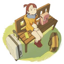 Rule 34 | 1girl, absurdres, alcor (little witch academia), asymmetrical bangs, backpack, bag, bench, blue scarf, blunt bangs, boots, briefcase, brown hair, brown skirt, closed mouth, full body, grass, highres, hood, hood down, hoodie, kagari atsuko, little witch academia, long hair, long sleeves, looking at viewer, luggage, miniskirt, one side up, orange hoodie, outdoors, pamphlet, pink bag, psylduck, red eyes, red footwear, rolling suitcase, scarf, simple background, sitting, skirt, smile, solo, split mouth, straight hair, stuffed animal, stuffed toy, suitcase, tareme, white background