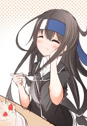 Rule 34 | 10s, 1girl, acchii (akina), black hair, cake, closed eyes, cream, cream on face, eating, food, food on face, foodgasm, fork, fruit, hand on own cheek, hand on own face, happy, hatsushimo (kancolle), hatsushimo kai ni (kancolle), headband, highres, kantai collection, long hair, school uniform, sketch, solo, strawberry, strawberry shortcake