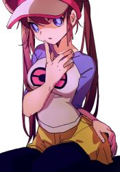 Rule 34 | 1girl, ankea (a-ramo-do), blue eyes, breasts, brown hair, creatures (company), facing viewer, game freak, hair between eyes, hand on own face, hand on own hip, large breasts, long hair, looking at viewer, nintendo, open mouth, pantyhose, pokemon, pokemon bw2, rosa (pokemon), seiza, shirt, shorts, simple background, sitting, skirt, yellow shorts
