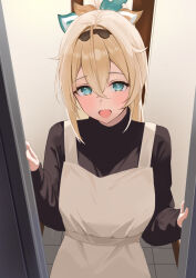 Rule 34 | 1girl, alternate costume, apron, blonde hair, blue eyes, blush, commentary request, hair between eyes, hair ornament, hairband, haro art, highres, hololive, kazama iroha, long hair, looking at viewer, open mouth, ponytail, shinkon santaku, smile, solo, textless version, virtual youtuber