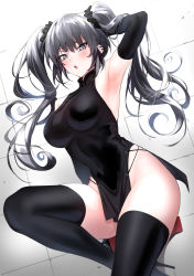 Rule 34 | 1girl, absurdres, arm behind head, arm up, armpits, bare shoulders, black footwear, black gloves, blush, boots, breasts, china dress, chinese clothes, covered navel, dress, elbow gloves, gloves, gradient background, grey background, grey eyes, grey hair, high heel boots, high heels, highres, large breasts, long hair, looking at viewer, open mouth, original, short dress, side slit, slit pupils, solo, tan, thigh boots, thighhighs, thighs, twintails, ulrich (tagaragakuin)