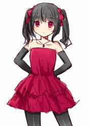Rule 34 | 10s, 1girl, bad id, bad pixiv id, bare shoulders, black hair, blush, clarinet (natsumi3230), dress, hands on own hips, kurata rine, love live!, love live! school idol project, pantyhose, red dress, red eyes, short hair, simple background, sketch, solo, white background, yazawa nico
