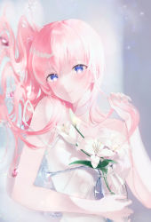 Rule 34 | 1girl, absurdres, angji 72, bare shoulders, blue eyes, blush, breasts, collarbone, commentary, dress, floating, floating hair, floating object, flower, hair between eyes, hand in own hair, highres, holding vase, in water, light particles, lily (flower), long hair, looking at viewer, lying, medium breasts, original, parted lips, pink hair, rotated, simple background, sleeveless, sleeveless dress, solo, symbol-only commentary, upper body, water, white dress