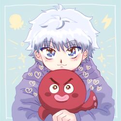 Rule 34 | 2boys, 34 de yaro, :3, affectionate, blush stickers, chin rest, creature, furrowed brow, hair down, happy, happy aura, head on head, head rest, heart, highres, holding, holding creature, hunter x hunter, ikalgo, killua zoldyck, long sleeves, looking at viewer, loving aura, male focus, multiple boys, octopus boy, short hair, smile, sparkle, sparkling eyes, upper body, waving