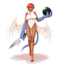 Rule 34 | 1girl, animal ear fluff, animal ears, animal hands, aqua eyes, bare arms, bare legs, bare shoulders, barefoot, black-framed eyewear, blue tail, breasts, claws, covered erect nipples, covered navel, dark-skinned female, dark skin, facial mark, feathered wings, food, fruit, full body, futaba channel, glasses, heattech leotard, highleg, highleg leotard, holding, holding food, holding fruit, holding knife, knife, kuma (kumahoihoi), kyuuki-san, large breasts, leotard, monster girl, nijiura maids, open mouth, red hair, short hair, simple background, solo, tail, tiger ears, tiger tail, turtleneck, walking, watermelon, whisker markings, white background, white leotard, white wings, wings