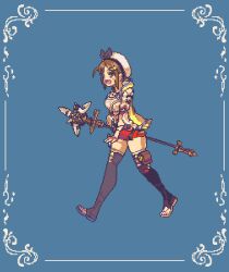 Rule 34 | 1girl, :d, animated, animated gif, atelier (series), atelier ryza, atelier ryza 1, belt, blue background, blue belt, boots, bridal legwear, brown belt, brown gloves, brown hair, flask, gloves, hair ornament, hairclip, hat, holding, holding staff, jacket, jewelry, leather, leather belt, leather gloves, necklace, open mouth, pixel art, pouch, red shorts, reisalin stout, round-bottom flask, short shorts, shorts, simple background, single glove, sleeveless, sleeveless jacket, smile, staff, star (symbol), star necklace, tengu nouzu, thick thighs, thigh pouch, thighhighs, thighs, toeless footwear, vial, walking, white hat, yellow jacket