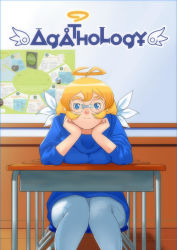 Rule 34 | 1girl, blonde hair, blue eyes, blue shirt, cessa, character request, copyright name, copyright request, desk, feet out of frame, halo ahoge, highres, indoors, long hair, long sleeves, looking at viewer, pants, shadow, shirt, sitting, solo, white pants