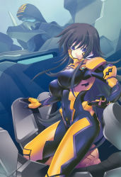 Rule 34 | 1girl, absurdres, black bodysuit, black hair, bodysuit, breasts, covered navel, highres, impossible bodysuit, impossible clothes, large breasts, long hair, looking at viewer, mecha, miyata sou, muv-luv, muv-luv alternative, muv-luv total eclipse, official art, pilot suit, purple eyes, robot, scan, shiny clothes, skin tight, solo, takamura yui, teeth, type 94 shiranui, very long hair