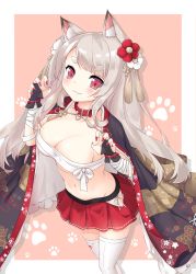 Rule 34 | animal ear fluff, animal ears, artist request, azur lane, bandages, breasts, claw pose, claws, cleavage, collar, fingernails, flower, fox ears, hair flower, hair ornament, highres, hip vent, long fingernails, miniskirt, nail polish, outside border, paw print, paw print background, red nails, simple background, skindentation, skirt, solo, source request, thick eyebrows, thighhighs, v-shaped eyebrows, white thighhighs, yuudachi (azur lane), yuudachi (shogun of snowballs) (azur lane)