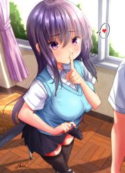 Rule 34 | 1girl, black thighhighs, blue vest, breasts, clothes lift, desk, from above, heart, highres, indoors, large breasts, lifted by self, long hair, miniskirt, mokufuu, original, pleated skirt, purple eyes, purple hair, purple skirt, school desk, school uniform, shirt, short sleeves, skirt, skirt lift, solo focus, speech bubble, spoken heart, standing, thighhighs, vest, white shirt, window, wooden floor
