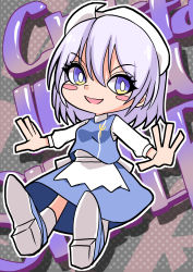 Rule 34 | 1girl, absurdres, apron, blue footwear, blue skirt, blue vest, blush stickers, chibi, full body, grey background, hair between eyes, highres, lapel pin, letty whiterock, light purple hair, long sleeves, looking at viewer, mahoro (minase mahoro), open mouth, polka dot, polka dot background, purple eyes, shirt, shoe soles, shoes, skirt, socks, solo, touhou, vest, waist apron, white apron, white headwear, white shirt, white socks
