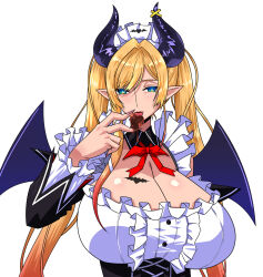 Rule 34 | 1girl, apron, bat tattoo, black horns, blonde hair, breast tattoo, breasts, cleavage, demon girl, demon horns, demon wings, detached sleeves, female focus, green eyes, highres, hololive, horn ornament, horn ring, horns, large breasts, looking at viewer, maid, maid apron, maid headdress, official alternate hairstyle, pointy ears, raisuta, single sidelock, sleeveless, solo, swept bangs, tattoo, tongue, tongue out, virtual youtuber, white background, winged heart, wings, yuzuki choco, yuzuki choco (maid)