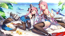 Rule 34 | 2girls, aircraft, airplane, all fours, ass, azur lane, bare shoulders, beach, black legwear, breasts, commentary request, detached sleeves, dress, elbow gloves, full body, garter straps, gloves, halterneck, highres, large breasts, lexington (azur lane), multiple girls, open mouth, outdoors, palm leaf, pantyhose, parted bangs, pink eyes, pink hair, purple eyes, sand, saratoga (azur lane), sheska xue, short dress, small breasts, smile, thighhighs, twintails, water, white gloves