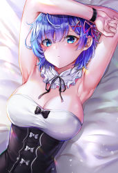 Rule 34 | 1girl, armpits, arms up, bare arms, bare shoulders, bed sheet, black bow, blue eyes, blue hair, bow, breasts, cleavage, closed mouth, detached collar, dress, flower knot, hair ornament, highres, large breasts, looking at viewer, lying, on back, on bed, re:zero kara hajimeru isekai seikatsu, rem (re:zero), short hair, solo, strapless, strapless dress, sunhyun, underbust, wristband, x hair ornament