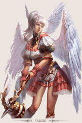 Rule 34 | 1girl, angel, angel wings, aqua eyes, bare shoulders, fantasy, grey hair, hammer, hong yu cheng, low wings, midriff, shorts, simple background, solo, weapon, wings