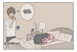 Rule 34 | 1boy, 1girl, bed, cat, cup, kimi no na wa., miyamizu mitsuha, sleeping, su (grebluyon), tachibana taki, toothbrush