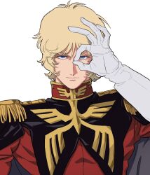 Rule 34 | 1boy, black capelet, blonde hair, blue eyes, capelet, char aznable, closed mouth, epaulettes, gloves, gundam, hair between eyes, hand up, highres, jacket, looking at viewer, male focus, military jacket, mobile suit gundam, ok sign, red jacket, short hair, simple background, solo, straight-on, tsun (chun 55), upper body, v-shaped eyebrows, white background, white gloves, zeon
