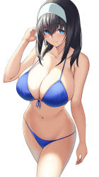 1girl absurdres arisugawa_ya bikini blue_bikini blue_eyes blush breasts cleavage collarbone front-tie_bikini_top front-tie_top hair_between_eyes hairband highres huge_breasts idolmaster idolmaster_cinderella_girls long_hair looking_at_viewer navel sagisawa_fumika simple_background smile solo swimsuit thighs white_background