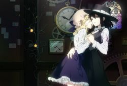 Rule 34 | 2girls, adapted costume, alternate eye color, arm around back, black hair, black skirt, black vest, blonde hair, bolo tie, bow, breasts, brown eyes, clock, collared shirt, colored eyelashes, dark, earrings, expressionless, eyes visible through hair, fedora, fingernails, flower, frilled skirt, frills, futoumeido, gears, glowing flower, green eyes, hair between eyes, hair ribbon, holding hands, hand on another&#039;s ass, hand on another&#039;s hip, hat, hat bow, indoors, interlocked fingers, jewelry, light, light particles, light rays, long hair, long skirt, looking at viewer, maribel hearn, medium breasts, mob cap, multiple girls, one eye covered, open collar, open mouth, oversized object, plant, pocket watch, purple skirt, ribbon, shirt, skirt, stained glass, stud earrings, touhou, usami renko, vines, watch, white shirt, yellow flower, yuri