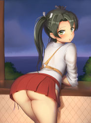 Rule 34 | 10s, 1girl, arm support, ass, blush, clothes lift, cloud, day, from behind, green eyes, green hair, hair ribbon, hakama, hakama short skirt, hakama skirt, hip vent, japanese clothes, kantai collection, leaning forward, long hair, looking back, maku ro, open mouth, outdoors, panties, ribbon, side-tie peek, skirt, skirt lift, sky, solo, twintails, underwear, white panties, zuikaku (kancolle)