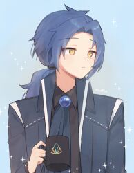 Rule 34 | 1boy, ascot, black shirt, blue ascot, blue background, blue coat, blue gemstone, blue hair, blush, brooch, chesed (project moon), closed mouth, coat, collared shirt, cup, gem, holding, holding cup, jewelry, library of ruina, long hair, long sleeves, looking to the side, love mintchoco, low ponytail, male focus, mug, parted bangs, project moon, shirt, sidelocks, simple background, solo, upper body, yellow eyes