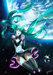 Rule 34 | 1girl, artist name, bad id, bad pixiv id, bare shoulders, black thighhighs, blue eyes, boots, breasts, briska, cleavage, detached sleeves, earth (planet), floating hair, full body, green hair, green nails, hair between eyes, hatsune miku, long hair, looking away, medium breasts, nail polish, open mouth, own hands clasped, own hands together, planet, solo, space, sparkle, thigh boots, thighhighs, twintails, very long hair, vocaloid, water drop
