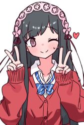 Rule 34 | 1girl, black hair, blue bow, blush, bow, double v, hair ornament, hairband, heart, highres, long hair, looking at viewer, nikukabe, one eye closed, personification, pink eyes, pink hairband, red sweater, school uniform, solo, suishinshi masahide (tenka hyakken), sweater, upper body, v, white background