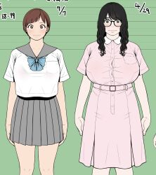 2girls arms_at_sides bad_id bad_twitter_id belt belt_buckle black-framed_eyewear black_hair blue_bow blush bow bowtie bra_visible_through_clothes breast_pocket breasts brown_eyes brown_hair buckle button_dress button_gap character_sheet collared_dress commentary_request cowboy_shot dress glasses green_background green_eyes grey_sailor_collar grey_skirt height_mark highres kuzukago_(bitchmaker) large_breasts lisa_(kuzukago) long_hair looking_at_viewer multiple_girls original pink_belt pink_dress pixie_cut pleated_skirt pocket rin_(kuzukago) sailor_collar sailor_shirt school_uniform serafuku shirt short_hair short_sleeves skirt standing straight-on swept_bangs wavy_hair white_shirt