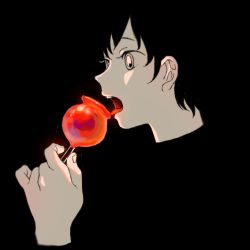 Rule 34 | 1girl, apple, black background, black hair, candy apple, eating, face, food, from side, fruit, holding, holding food, limited palette, open mouth, original, profile, shokugyo, short hair, solo, spot color