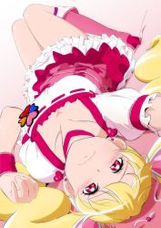 Rule 34 | 1girl, blonde hair, boots, breasts, choker, cleavage, corset, cure peach, dress, earrings, fresh precure!, fuchi (nightmare), heart, heart earrings, high heel boots, high heels, highres, jewelry, knee boots, long hair, looking at viewer, lying, magical girl, medium breasts, momozono love, on back, petticoat, pink choker, pink eyes, pink footwear, precure, puffy short sleeves, puffy sleeves, short sleeves, solo, sweat, twintails, white dress, wrist cuffs