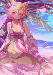 1girl alternate_costume animal_ears bare_shoulders bikini breasts breasts_apart closed_mouth diffraction_spikes high_heels highres horse_ears knee_up looking_at_viewer mimishiky orange_hair outdoors palm_tree pink_bikini pink_footwear purple_eyes short_hair sitting small_breasts smile solo striped_bikini striped_clothes striped_thighhighs swimsuit t.m._opera_o_(umamusume) thighhighs tree umamusume wrist_cuffs wristband