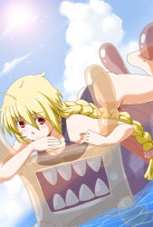 Rule 34 | 1girl, arc system works, ass, blazblue, blonde hair, braid, breasts, cloud, female focus, inflatable toy, lambda-11, long hair, lying, ocean, on stomach, one-piece swimsuit, outdoors, red eyes, riding, see-through, shimotsuki iko, sky, solo, swimsuit, teeth, water