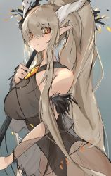 Rule 34 | 1girl, arknights, black one-piece swimsuit, blush, breasts, closed mouth, commentary, cowboy shot, demon horns, feather trim, gradient background, grey background, hair between eyes, highres, holding, holding staff, horns, large breasts, long hair, looking at viewer, mikozin, official alternate costume, one-piece swimsuit, orange eyes, pointy ears, ponytail, ribbed swimsuit, see-through, shining (arknights), shining (silent night) (arknights), silver hair, simple background, smile, solo, staff, swimsuit
