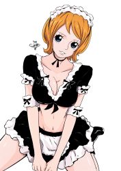 Rule 34 | 1girl, alternate costume, apron, black footwear, black skirt, blue eyes, bow, breasts, cleavage, collarbone, enmaided, facing viewer, frills, front-tie top, hands between legs, happy, highres, kneeling, koala (one piece), large breasts, looking at viewer, maid, maid headdress, midriff, miniskirt, navel, one piece, orange hair, own hands together, parted lips, ribbon, sherumaru (korcht06), short hair, signature, simple background, sitting, skirt, smile, solo, teeth, wariza, white background